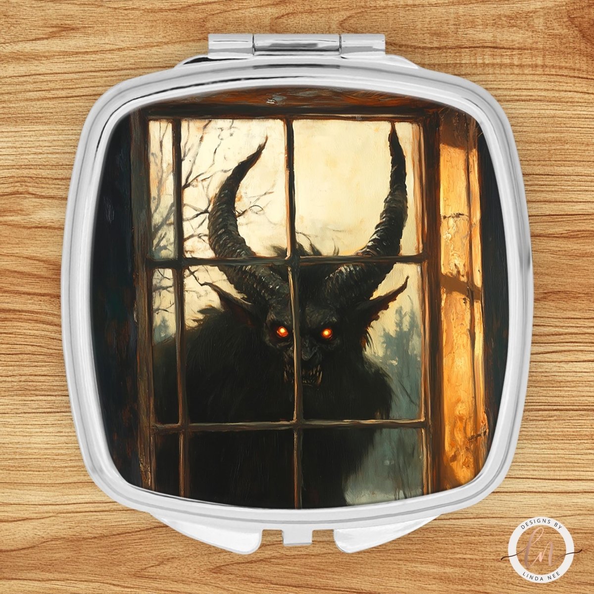 A dark, ominous figure with horns and glowing red eyes is visible through a window, creating an eerie and unsettling atmosphere.