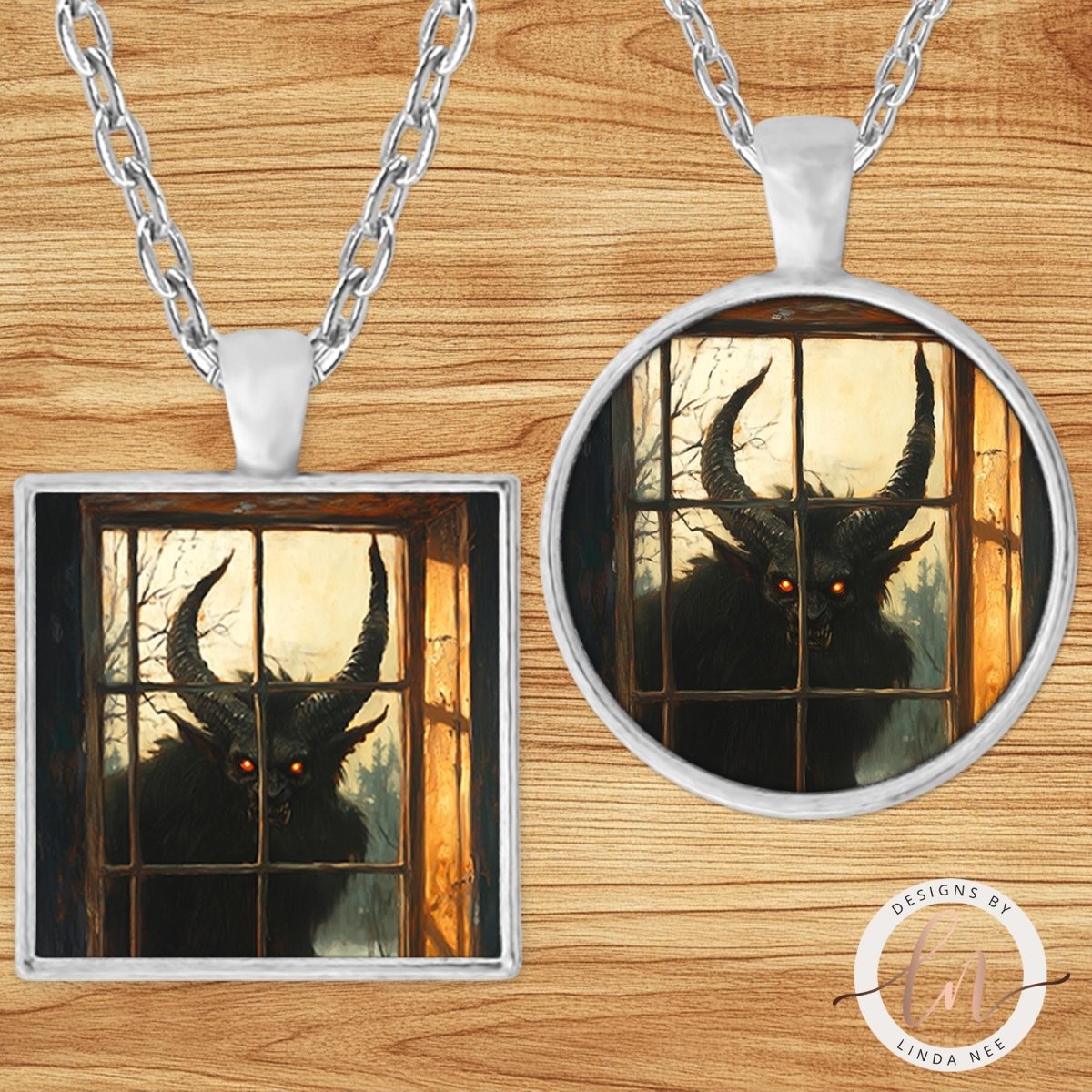 a necklace pendant with a square frame containing a painting of a horned creature with glowing red eyes, possibly a monster or a demon, peering through a window.