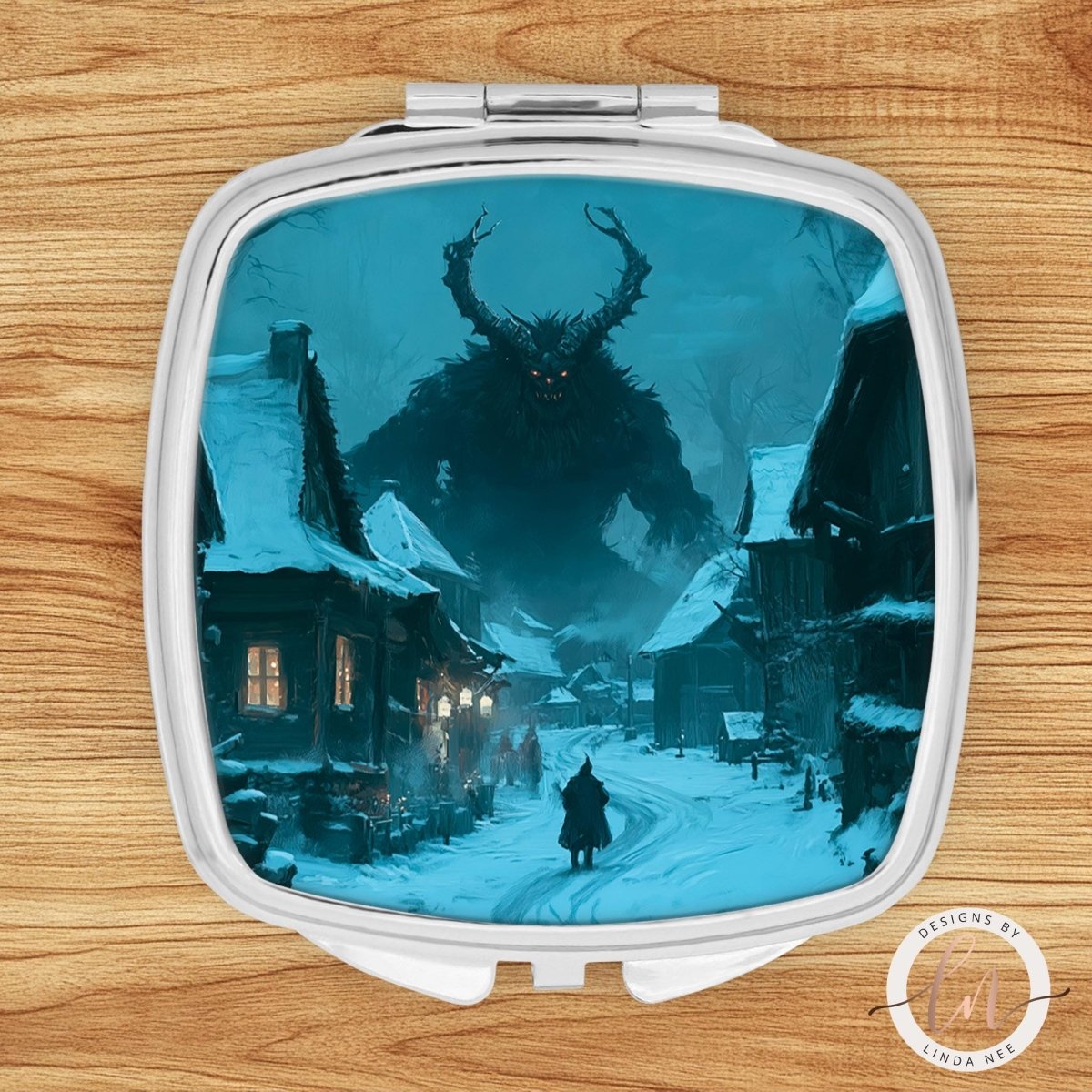 A digital illustration depicting a village scene with a large, menacing creature looming over the buildings, creating a sense of fear and unease.