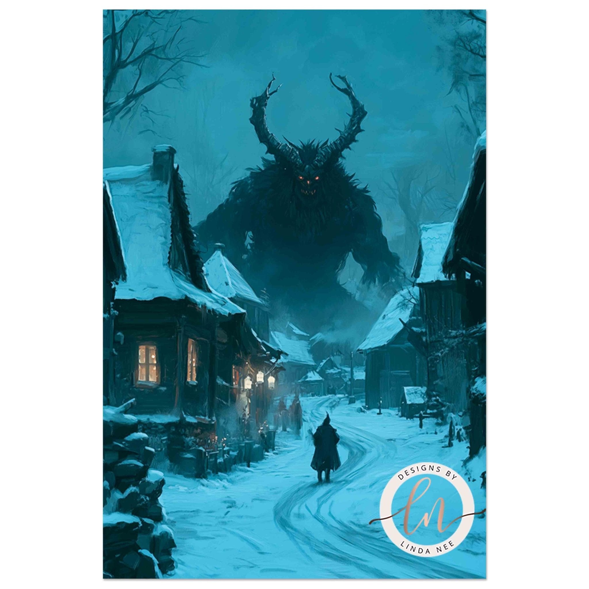 A dark, ominous figure looms over a snowy village street, with a lone figure walking down the road.