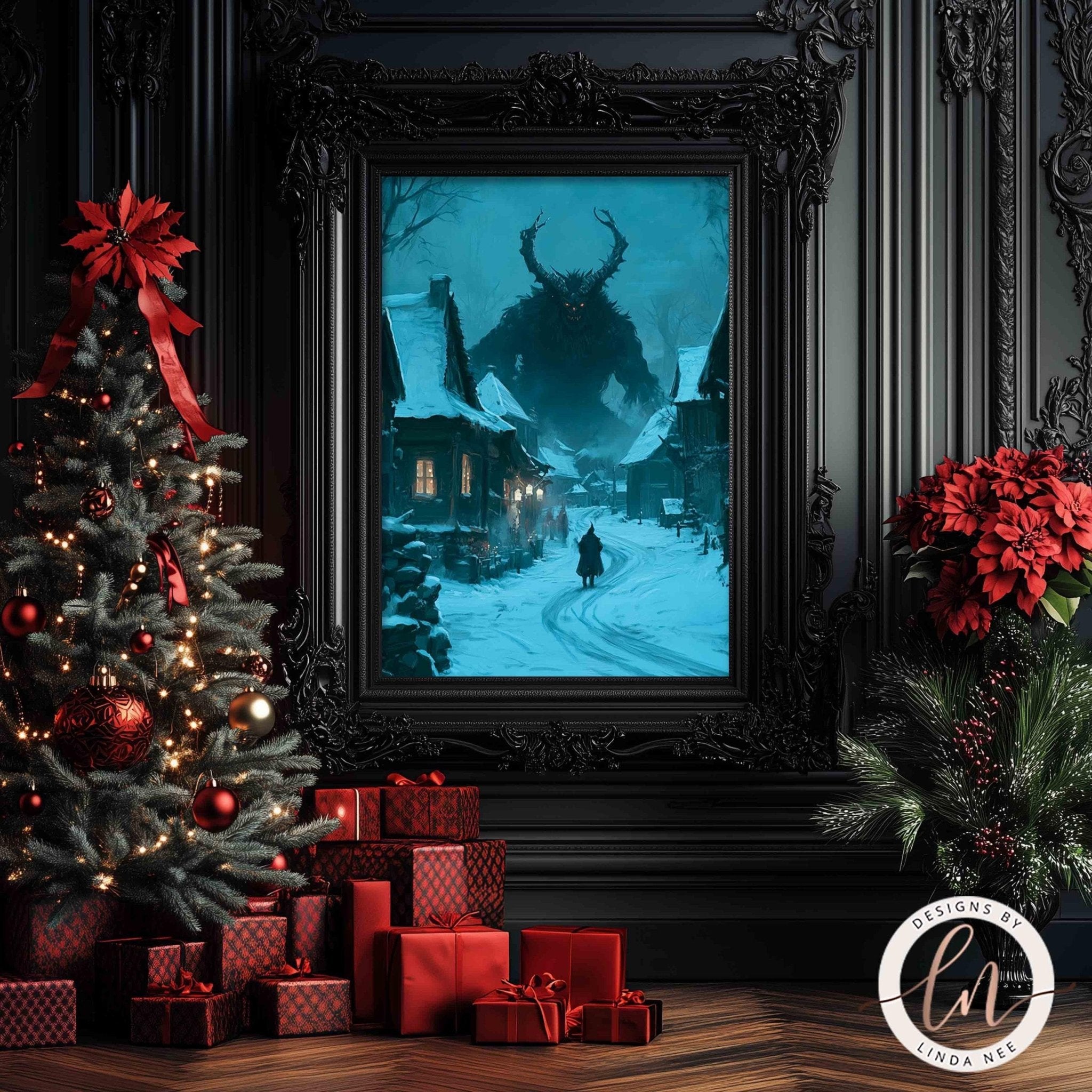 a Christmas scene with a large, ominous figure in the background, a decorated Christmas tree, and a display of wrapped gifts.