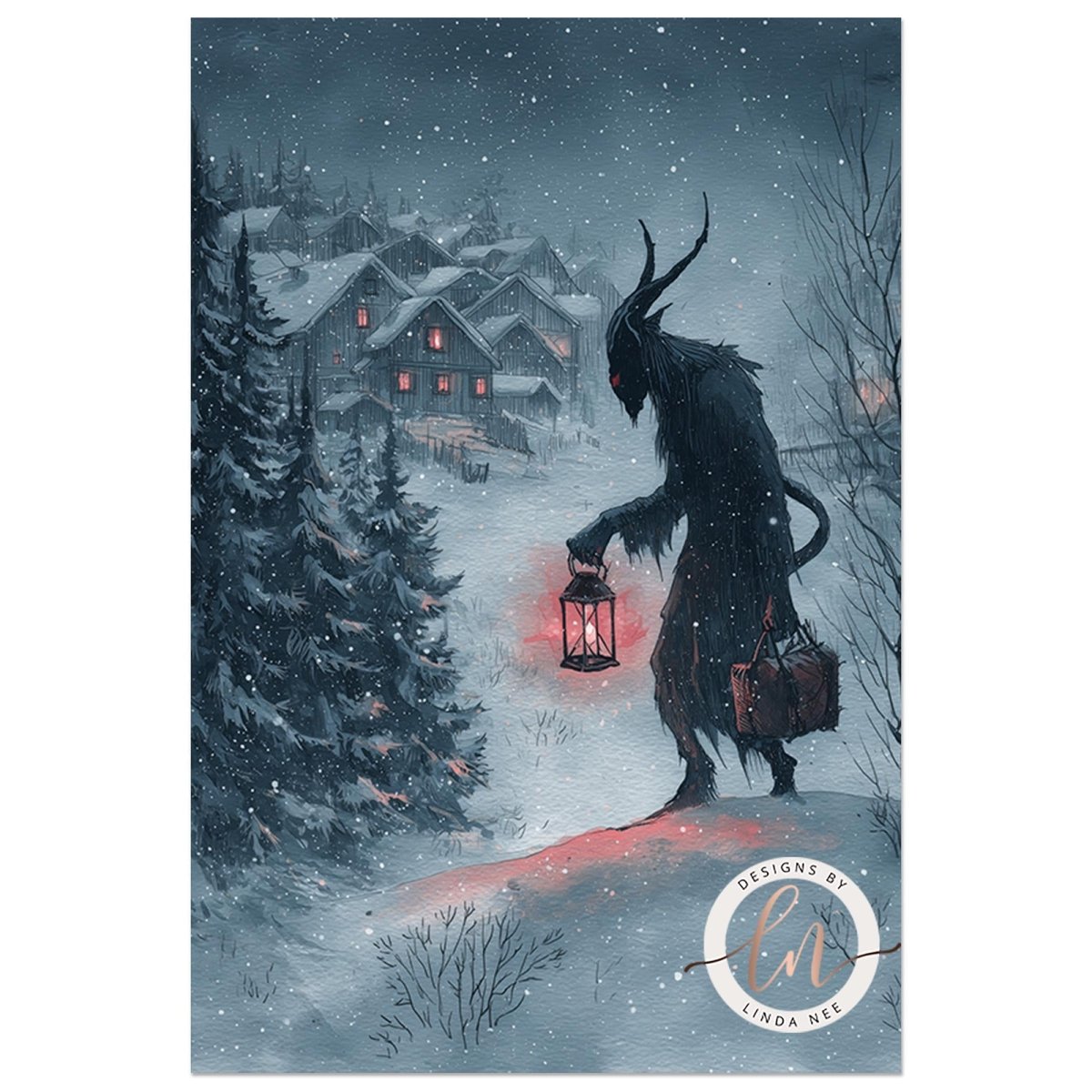 A dark, ominous figure with horns and a glowing red lantern walks through a snowy village, with houses and trees visible in the background.