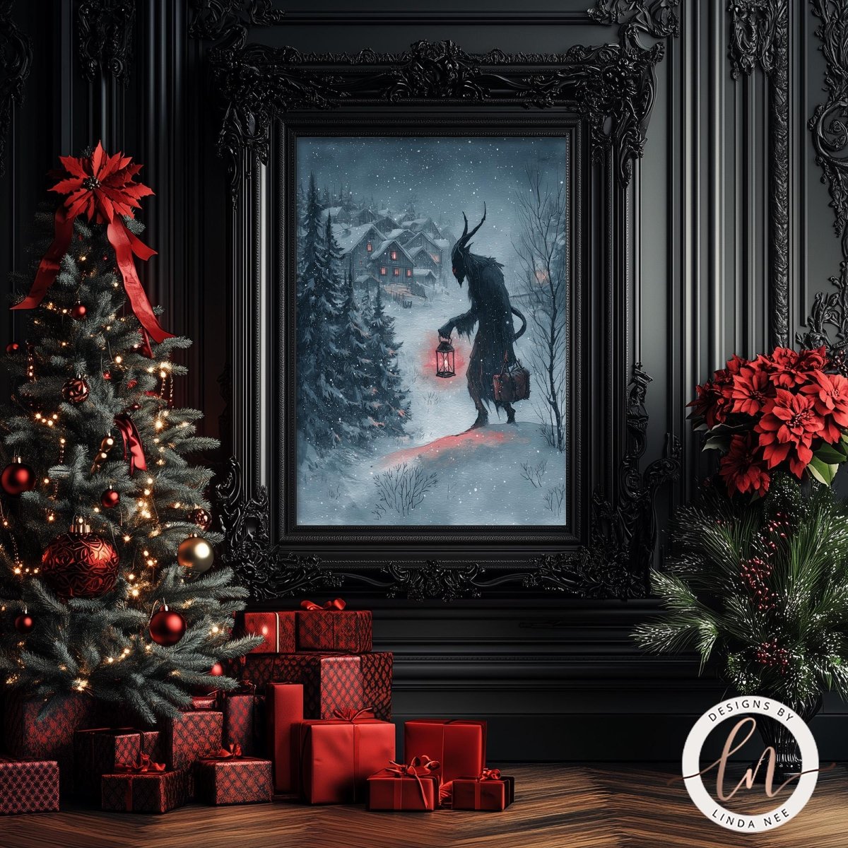 a Christmas scene with a framed painting of a person holding a lantern, surrounded by a snowy landscape and a Christmas tree decorated with red and gold ornaments.