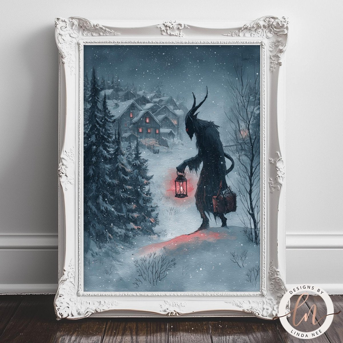 A painting of a dark, hooded figure holding a lantern in a snowy landscape, with a house and trees in the background.