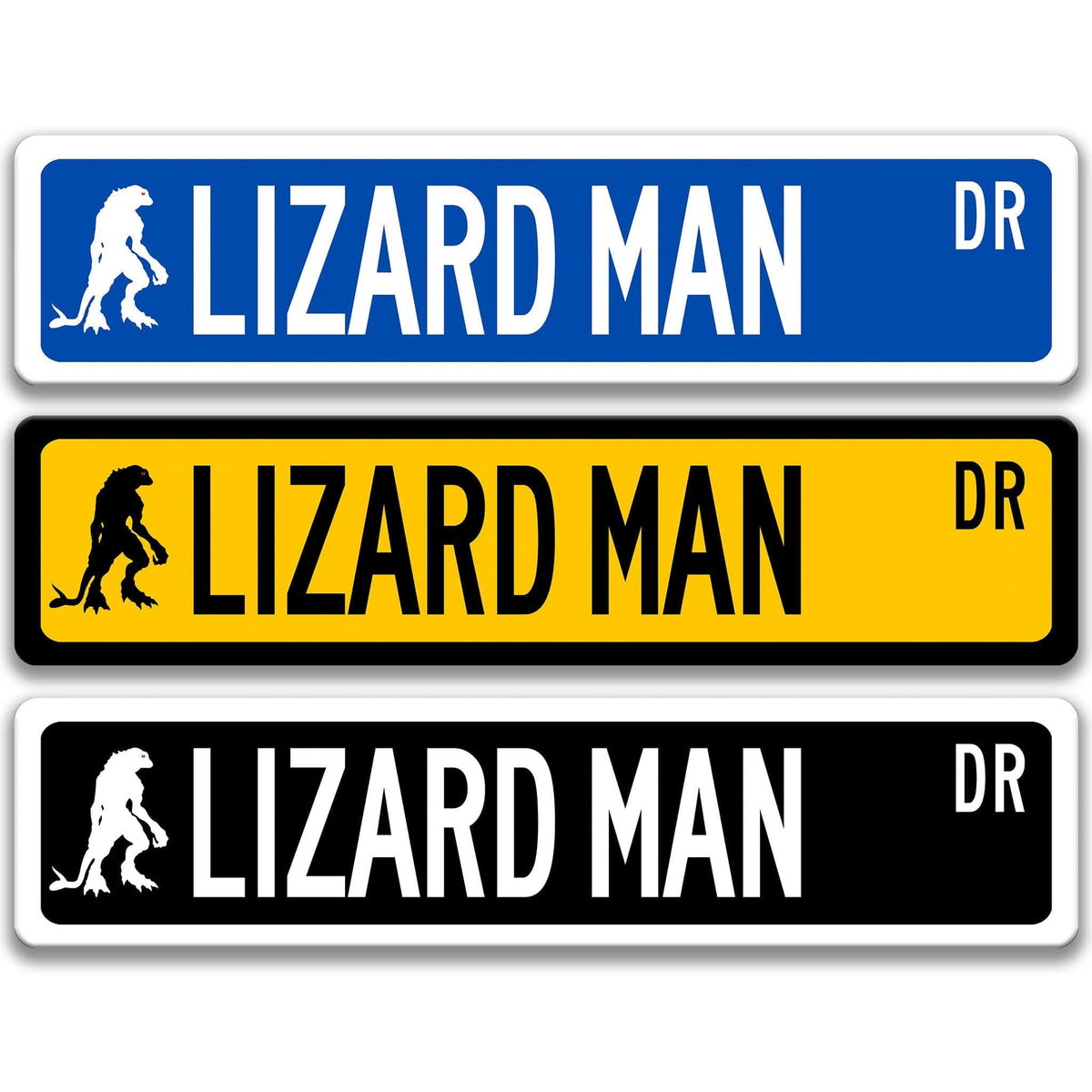 Lizard Man street name sign shown in three aluminum color options