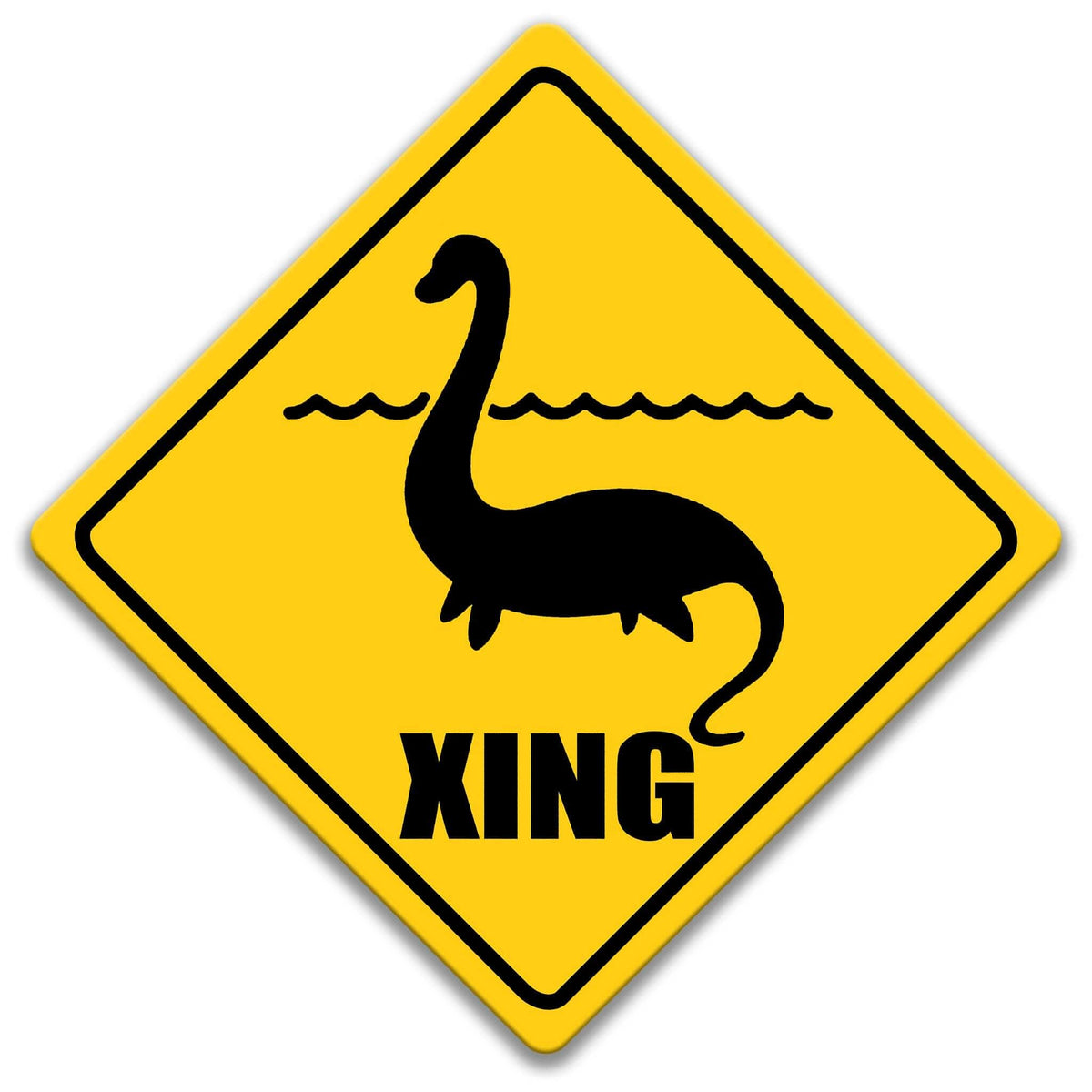 Loch Ness Monster XING crossing sign, yellow diamond shape, bold black sea serpent silhouette above XING text