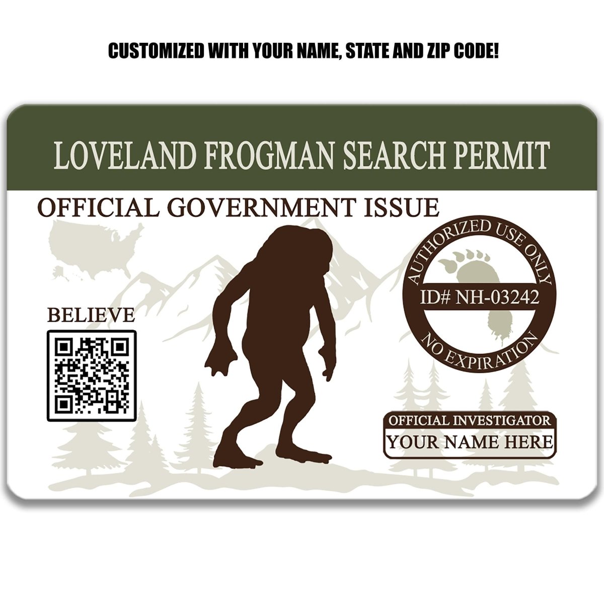 The image is a custom-made identification card for a Loveland Frogman search permit, featuring a silhouette of a creature and a QR code.