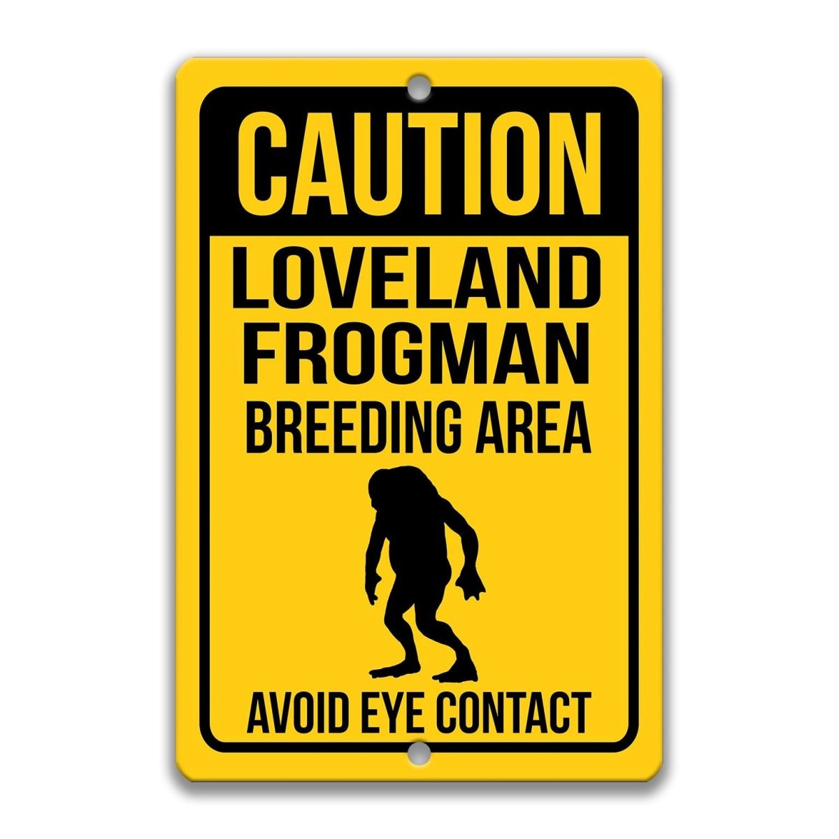 Yellow “Caution Loveland Frogman Breeding Area” metal sign with distressed vintage style, silhouette frogman graphic, wall décor. By Designs by Linda Nee