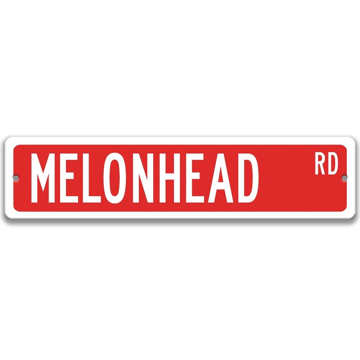Red street sign with 'MELOHEAD RD' text on a white background