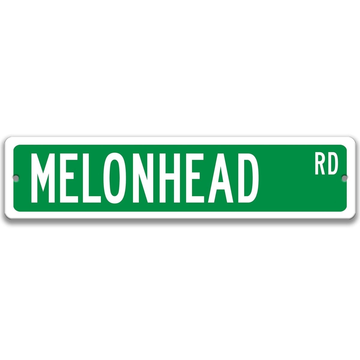 Street sign with 'Melonhead Rd' text on a green background