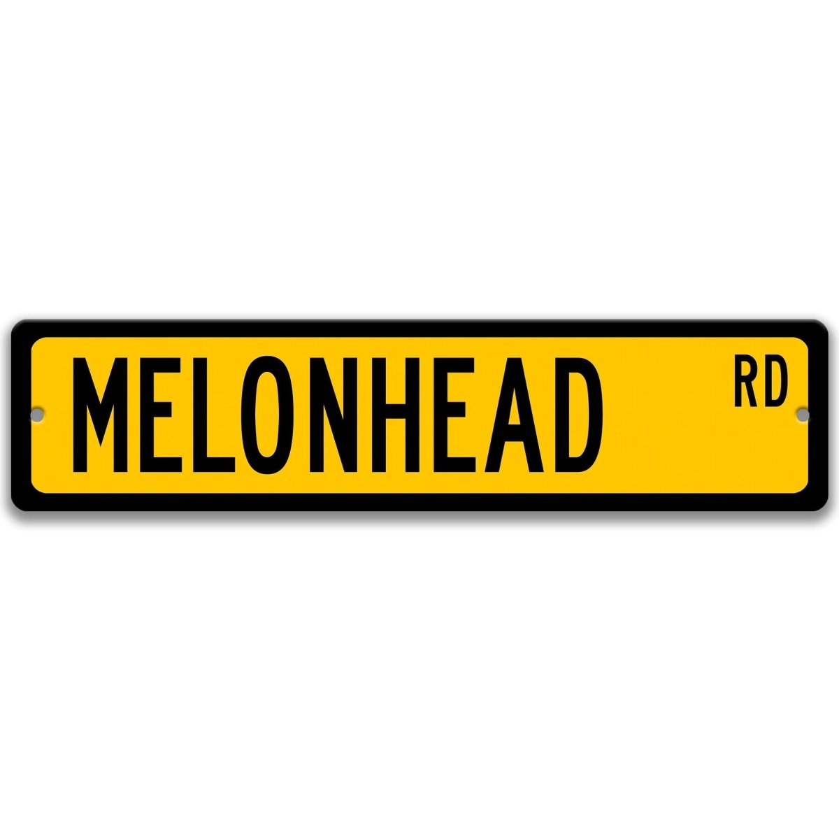 Yellow street sign with 'MELONHEAD RD' text on a white background