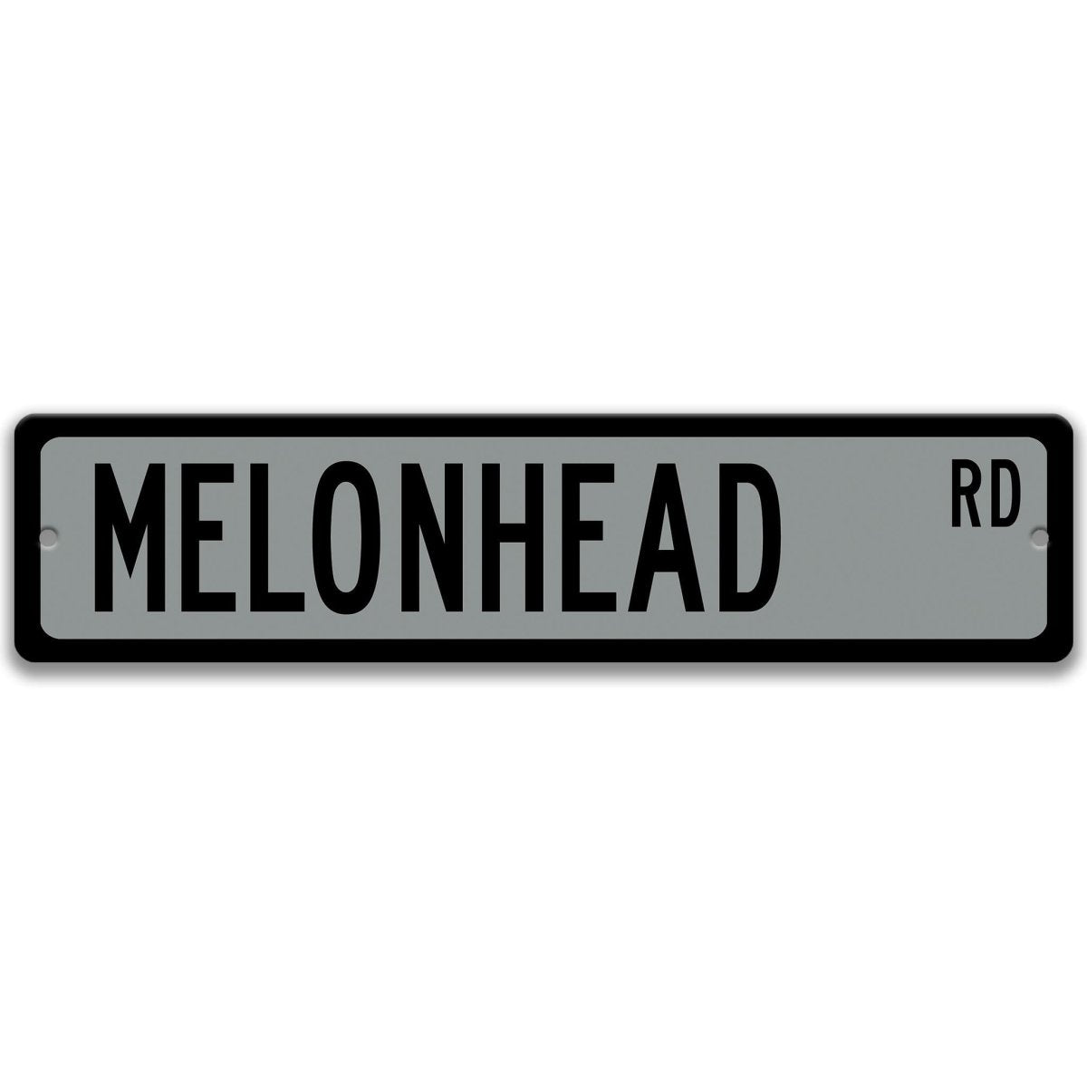 Street sign with 'Melonhead Rd' text on a gray background