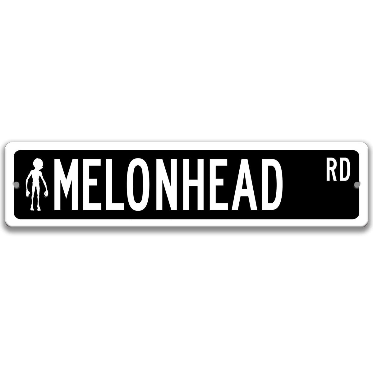 Black Melonhead DR aluminum street sign with white lettering, lettering paired with a small melonhead cryptid figure