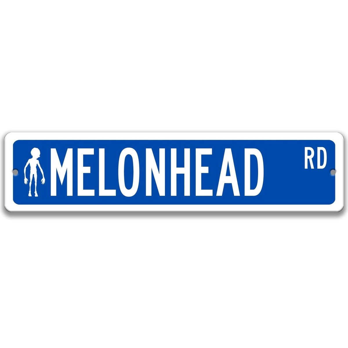 Blue Melonhead DR aluminum street sign with white lettering, lettering paired with a small melonhead cryptid figure