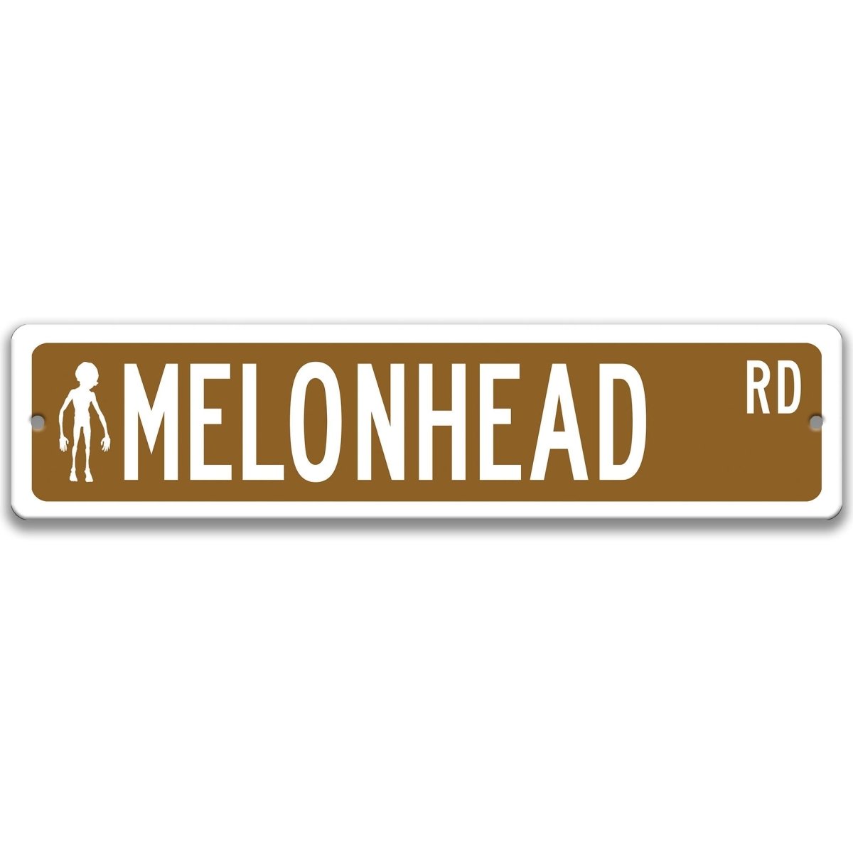 Brown Melonhead DR aluminum street sign with white lettering, lettering paired with a small melonhead cryptid figure