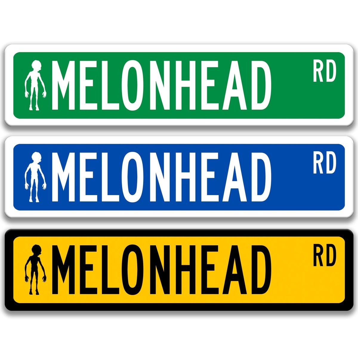 Melonhead DR aluminum street name sign shown in multiple color options, lettering paired with a small melonhead cryptid figure