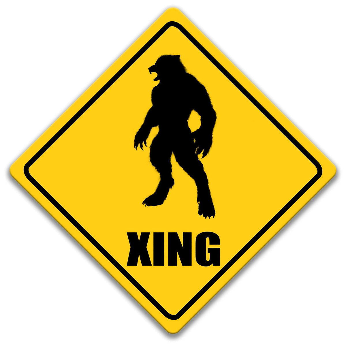 Michigan Dogman crossing caution sign, yellow diamond road sign with black dog-headed humanoid silhouette and XING lettering