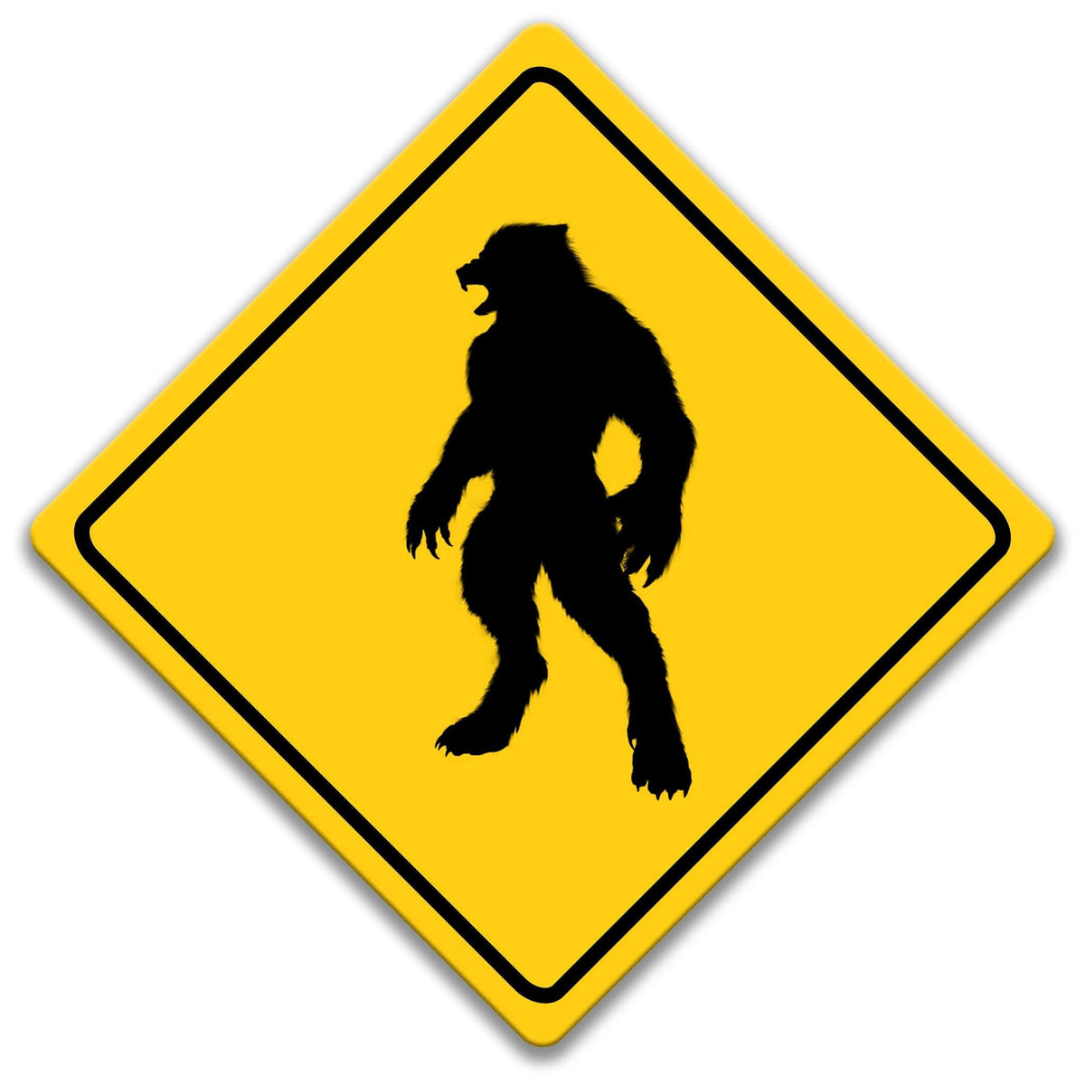 Michigan Dogman crossing caution sign, yellow diamond road sign with black dog-headed humanoid silhouette