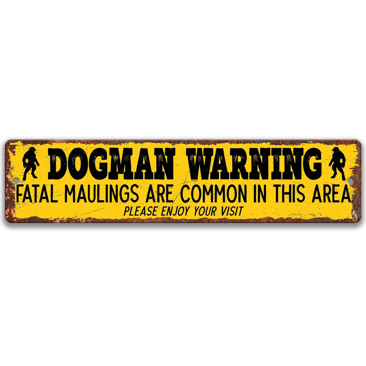 Michigan Dogman warning metal street sign, yellow, MICHIGAN DOGMAN WARNING, fatal maulings are common in this area, please enjoy your visit, flanked by Michigan dogman silhouettes