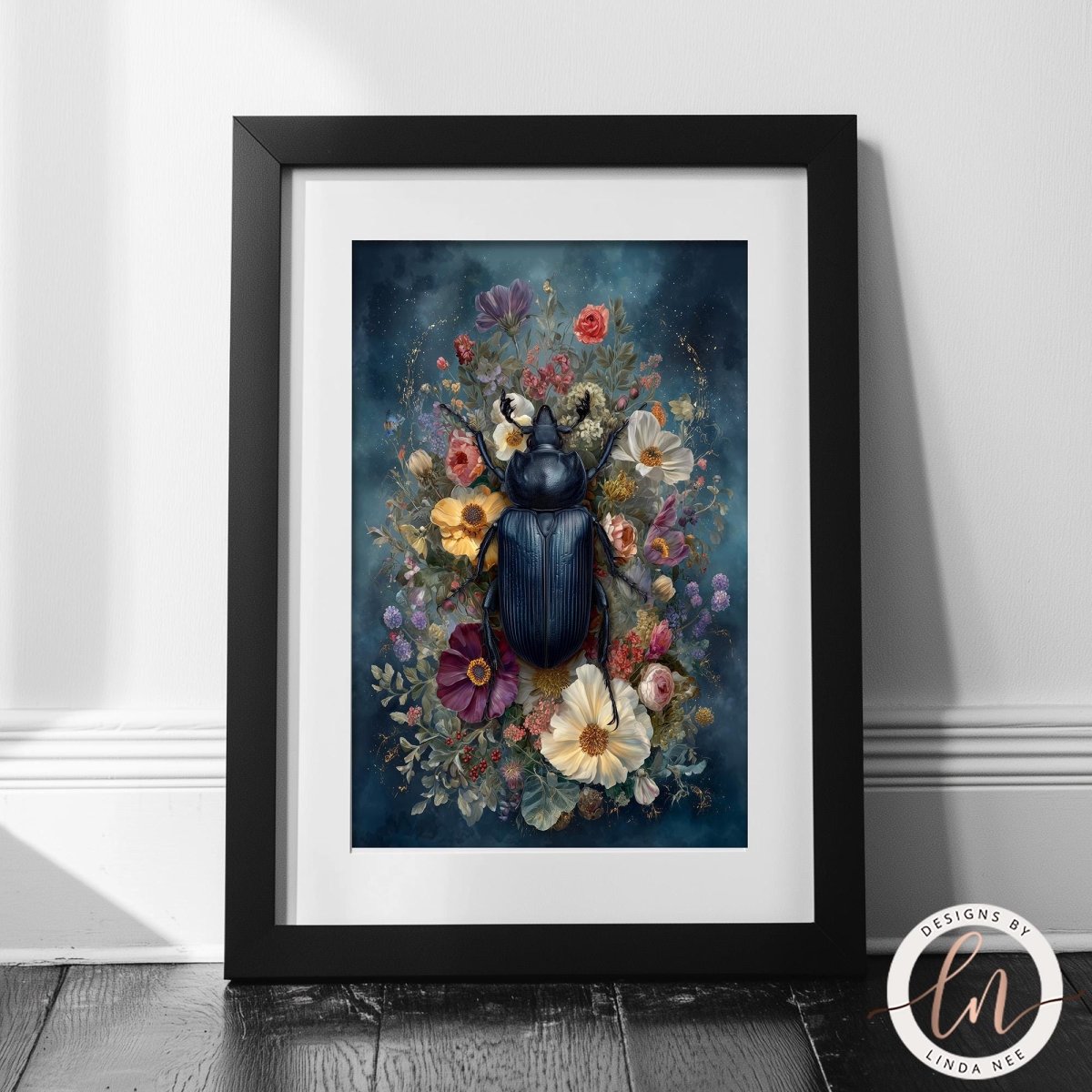 a framed artwork depicting a large, colorful insect surrounded by a vibrant floral arrangement.