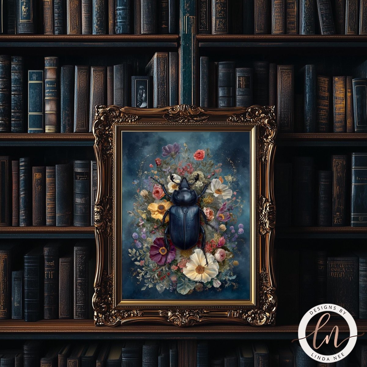 a framed painting of a blue beetle surrounded by a vibrant floral arrangement, set against a dark background with bookshelves filled with books.
