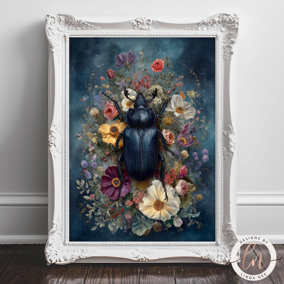 A framed painting depicting a large black beetle surrounded by a vibrant floral arrangement.