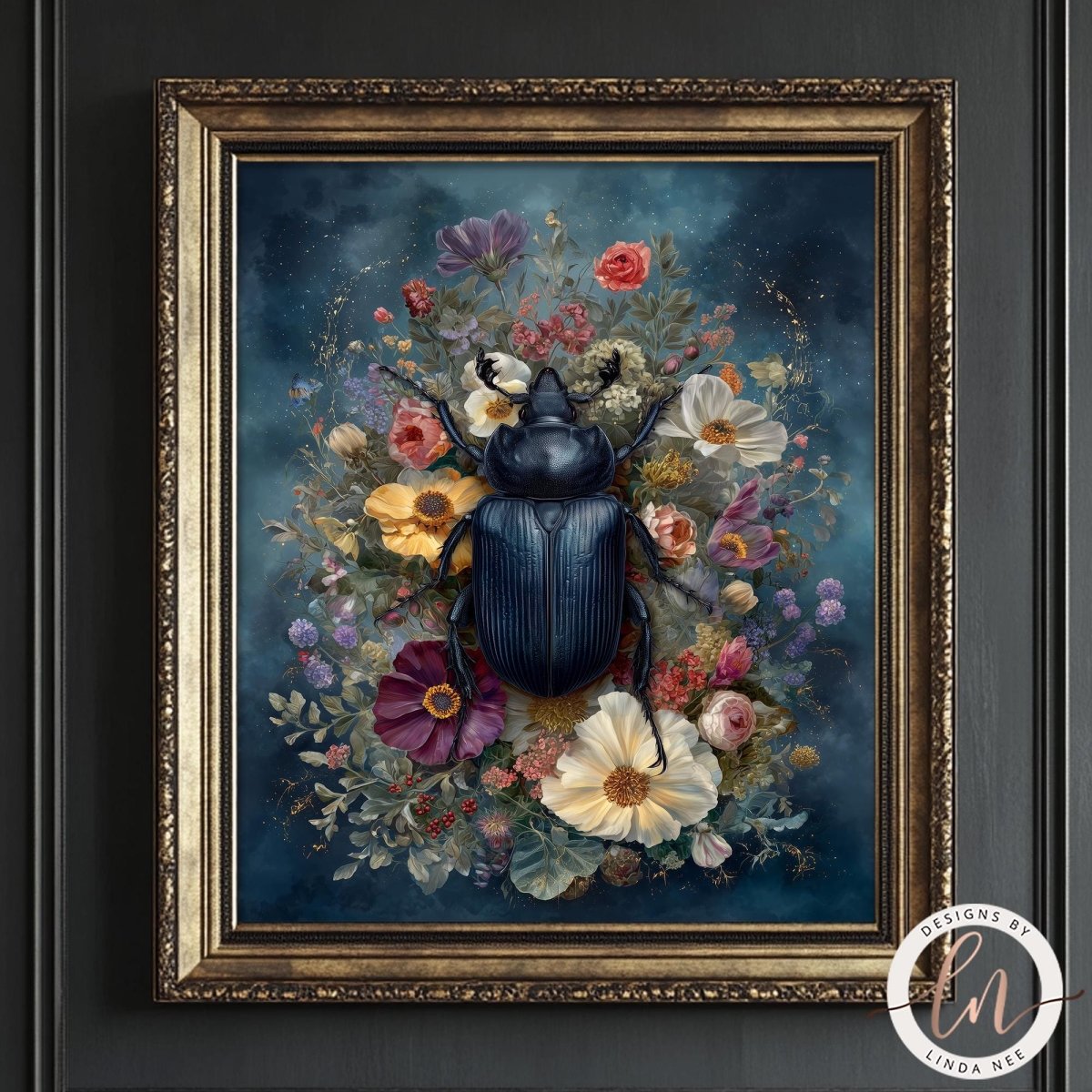 A framed artwork depicting a large, dark-colored beetle surrounded by a vibrant floral arrangement.