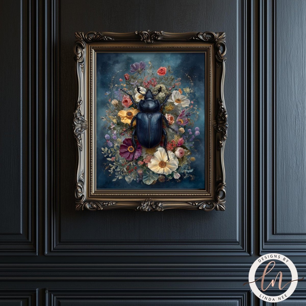 a framed painting of a blue beetle surrounded by a vibrant floral arrangement.