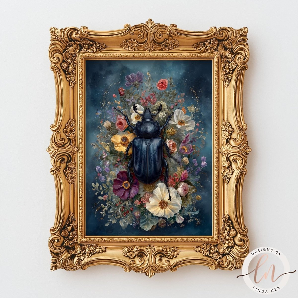 a large, ornate gold frame surrounding a vibrant floral arrangement with a blue beetle as the central focus.
