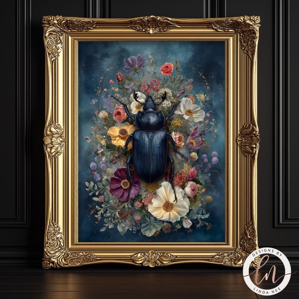 a large, ornate gold frame containing a vibrant floral arrangement with a large black beetle at the center.