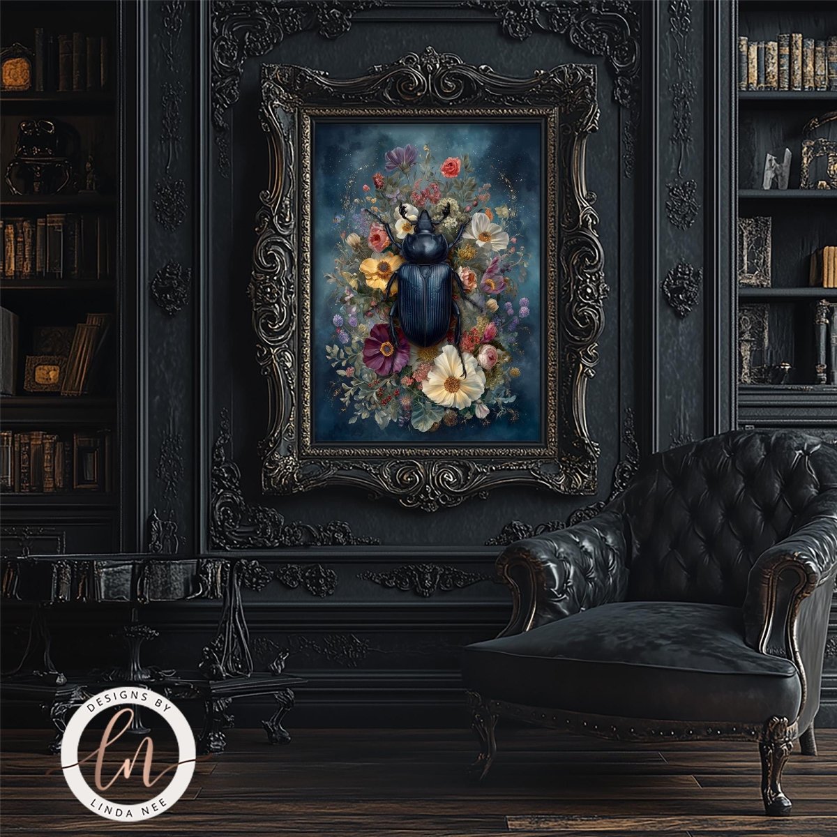 a dark, ornate room with a large, intricately designed painting of a blue beetle surrounded by a floral arrangement. The painting is framed in an elaborate, gilded frame and is displayed on a wall above a black leather armchair.