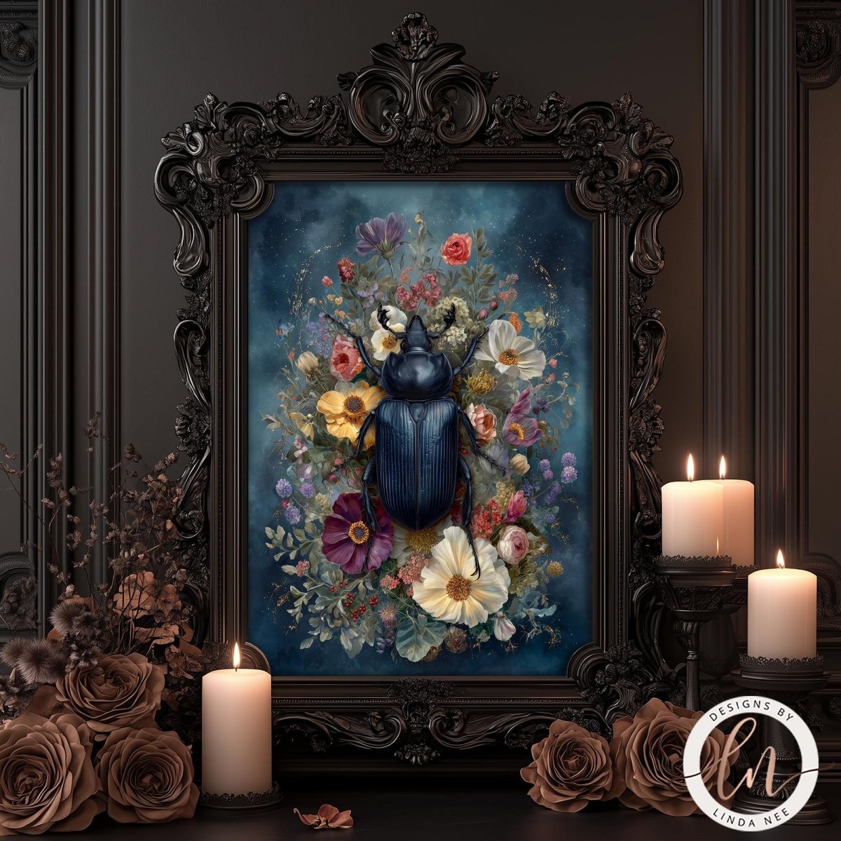 a framed painting of a blue beetle surrounded by a vibrant floral arrangement, with candles and flowers placed around the frame.