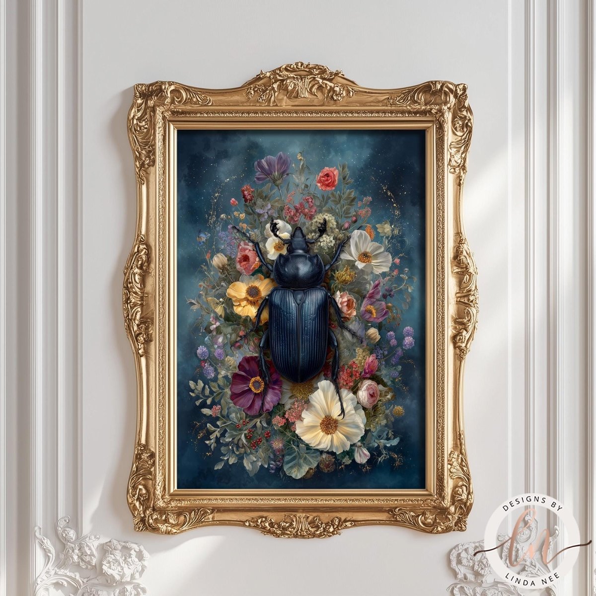 a large, ornate gold frame with a painting of a blue beetle surrounded by a vibrant floral arrangement.