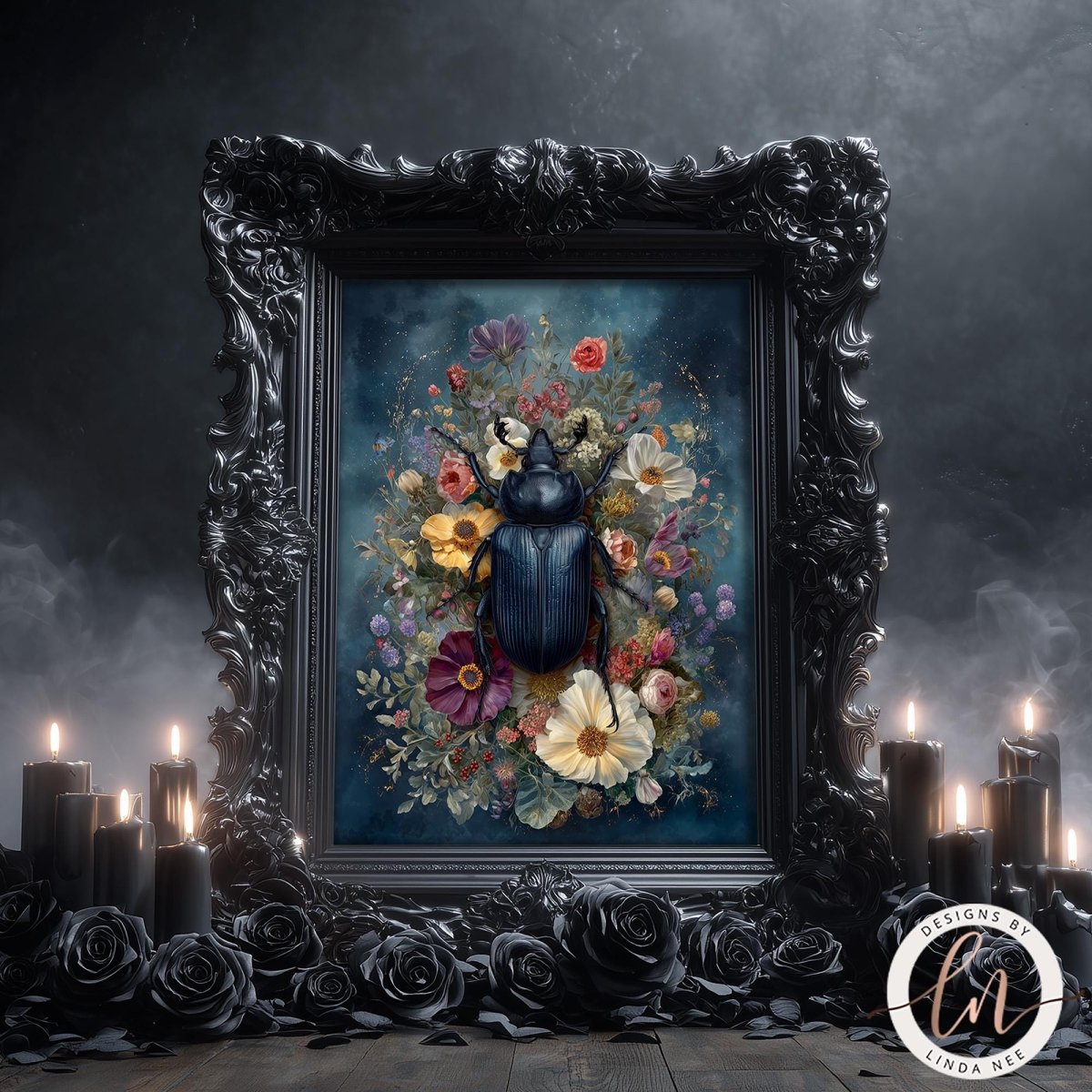 a large, ornate black frame with a vibrant floral arrangement of flowers and a large, dark-colored insect, possibly a beetle, inside the frame. Surrounding the frame are several lit candles, creating a dramatic and atmospheric setting.
