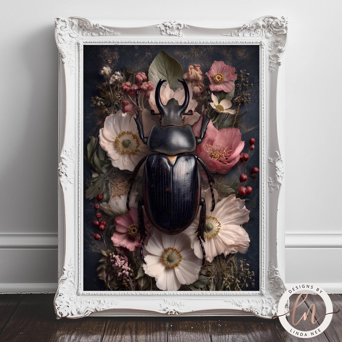 A framed image of a large black beetle surrounded by a vibrant floral arrangement, including pink and white flowers, red berries, and green leaves.