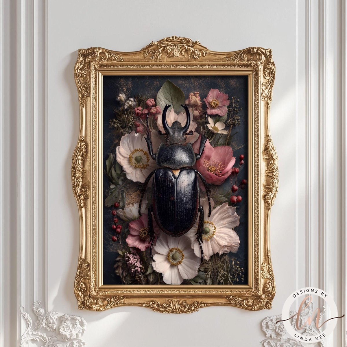 a large, ornate gold frame containing a detailed painting of a dark-colored beetle surrounded by a variety of colorful flowers.