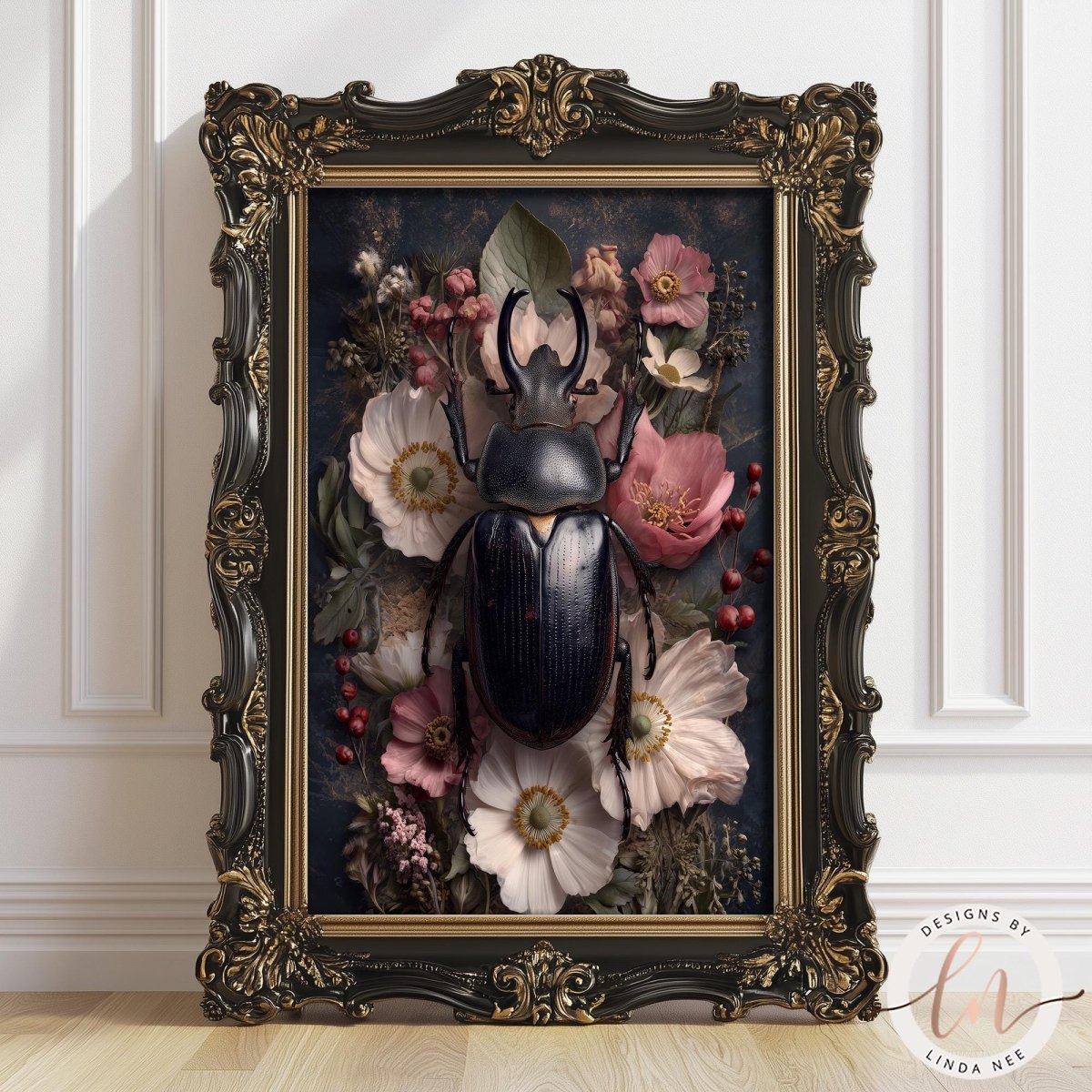 a large, ornate frame containing a detailed painting of a black beetle surrounded by a variety of colorful flowers and foliage.