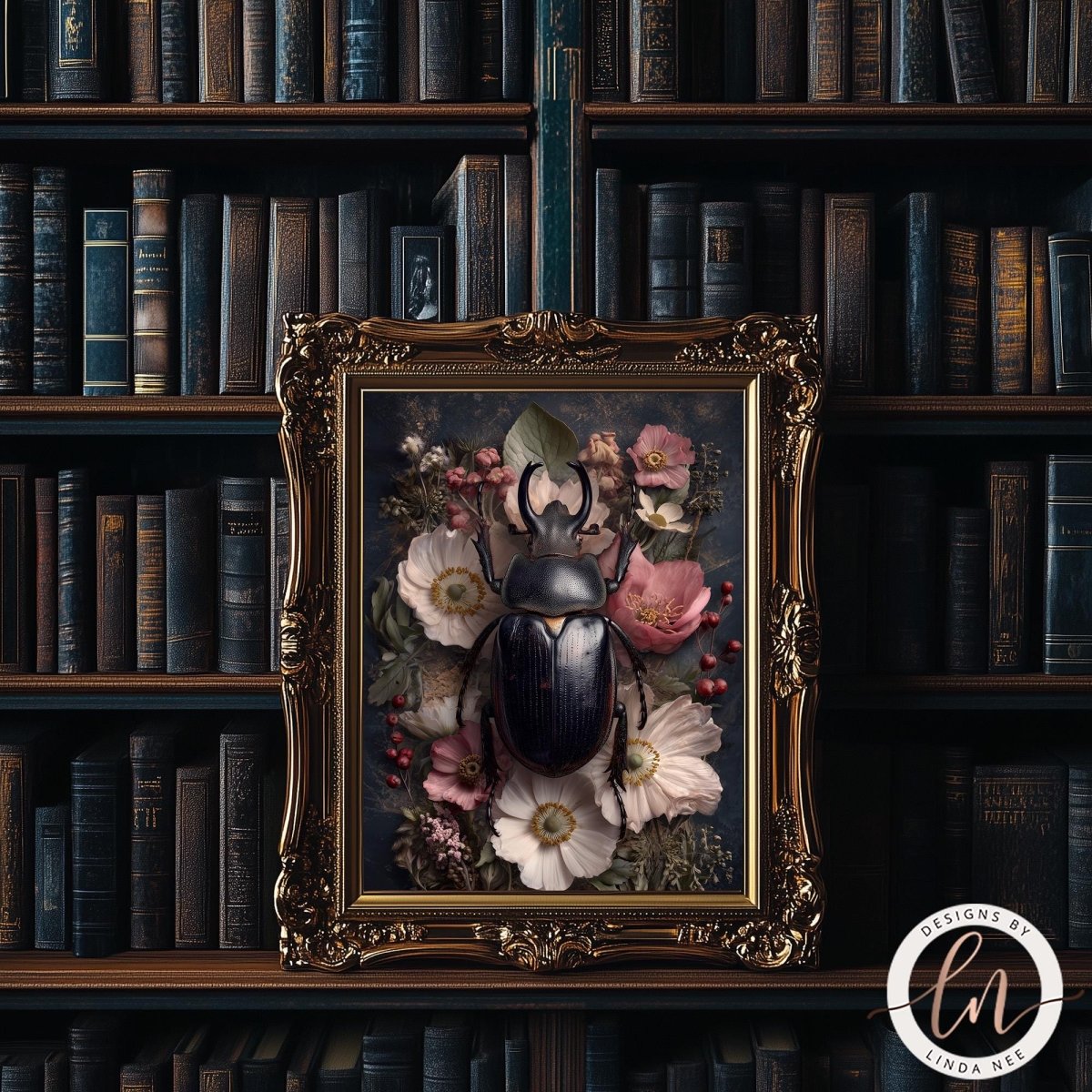 a large, ornate gold frame containing a detailed painting of a black beetle surrounded by pink and white flowers. The frame is set against a backdrop of a bookshelf filled with various books.