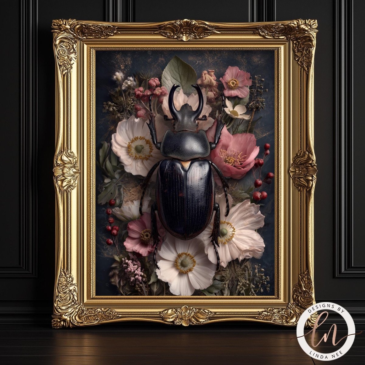 a large, ornate gold frame containing a detailed painting of a dark-colored beetle surrounded by a variety of colorful flowers and foliage.