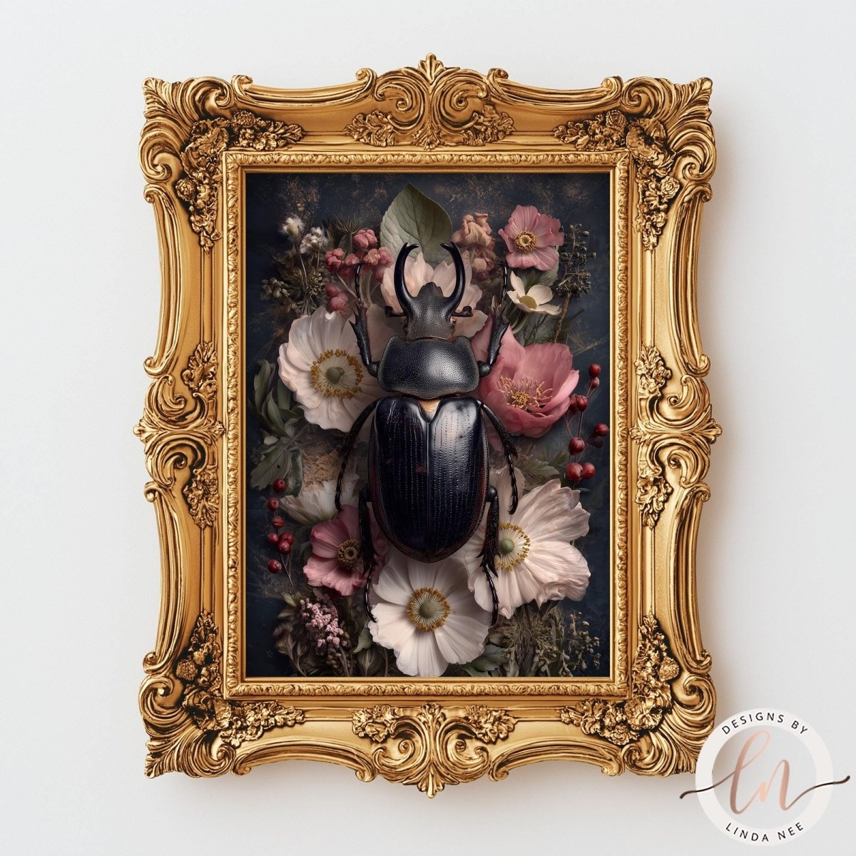 a large, ornate gold frame containing a detailed painting of a black beetle surrounded by a variety of colorful flowers.