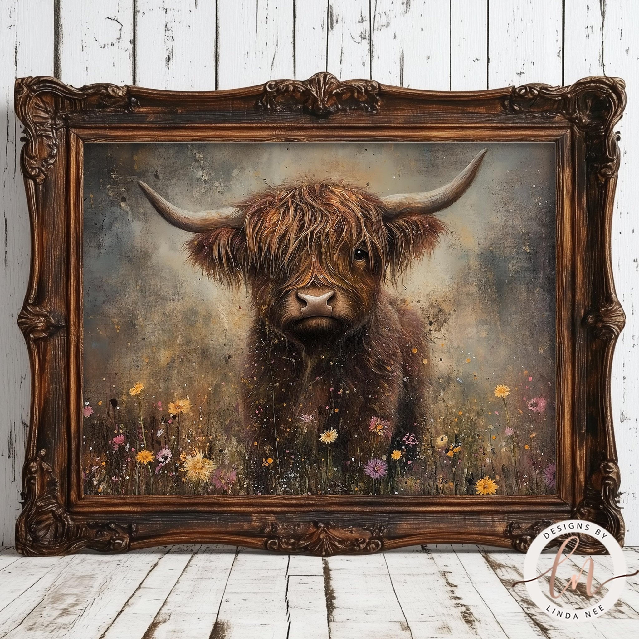 a painting of a horned animal, possibly a yak or a bison, standing in a field with flowers. The painting is framed in an ornate wooden frame and is displayed on a white wooden surface.