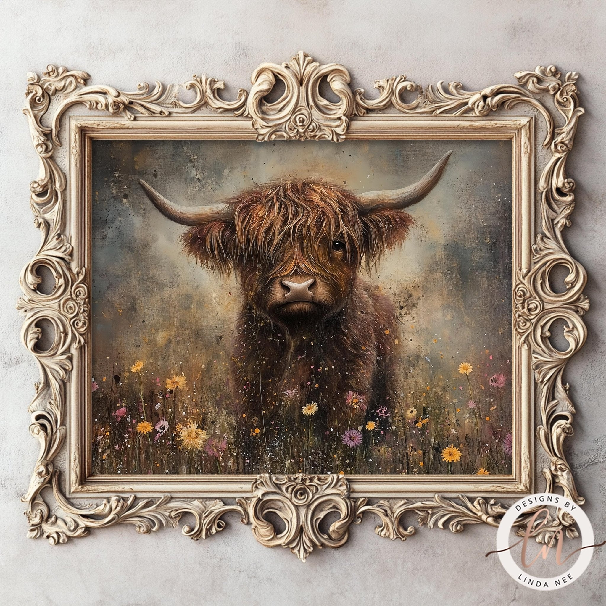 a painting of a horned animal, possibly a yak or a bison, standing in a field with flowers. The painting is framed in an ornate, decorative wooden frame.