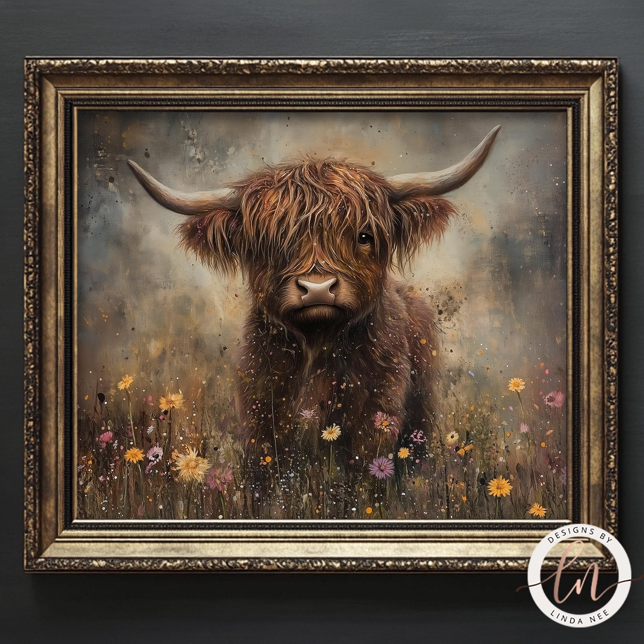 A framed painting depicting a close-up of a shaggy-haired cow surrounded by a field of colorful wildflowers.