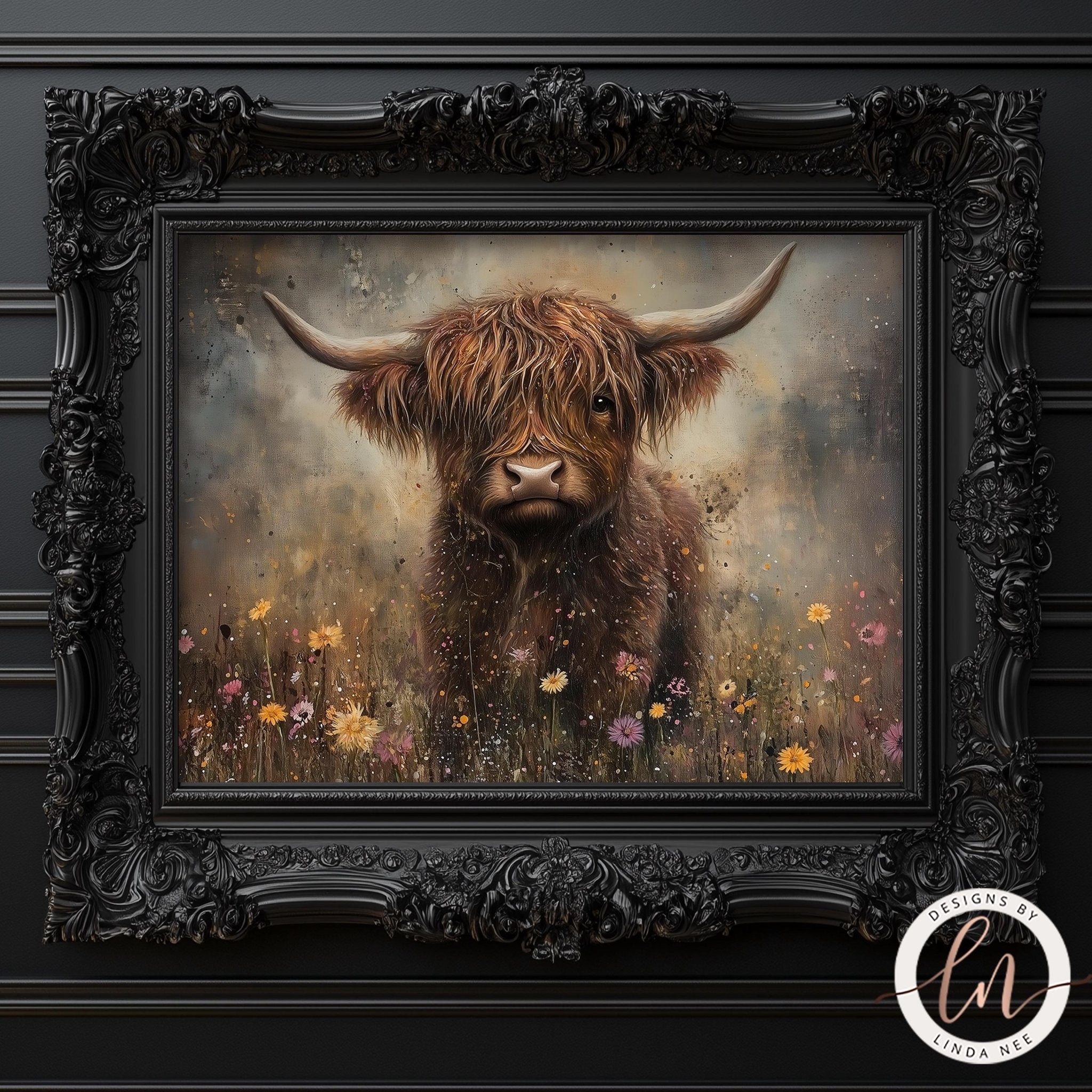 The image is a framed painting depicting a large, shaggy-haired animal, possibly a yak or a bison, standing in a field with wildflowers.