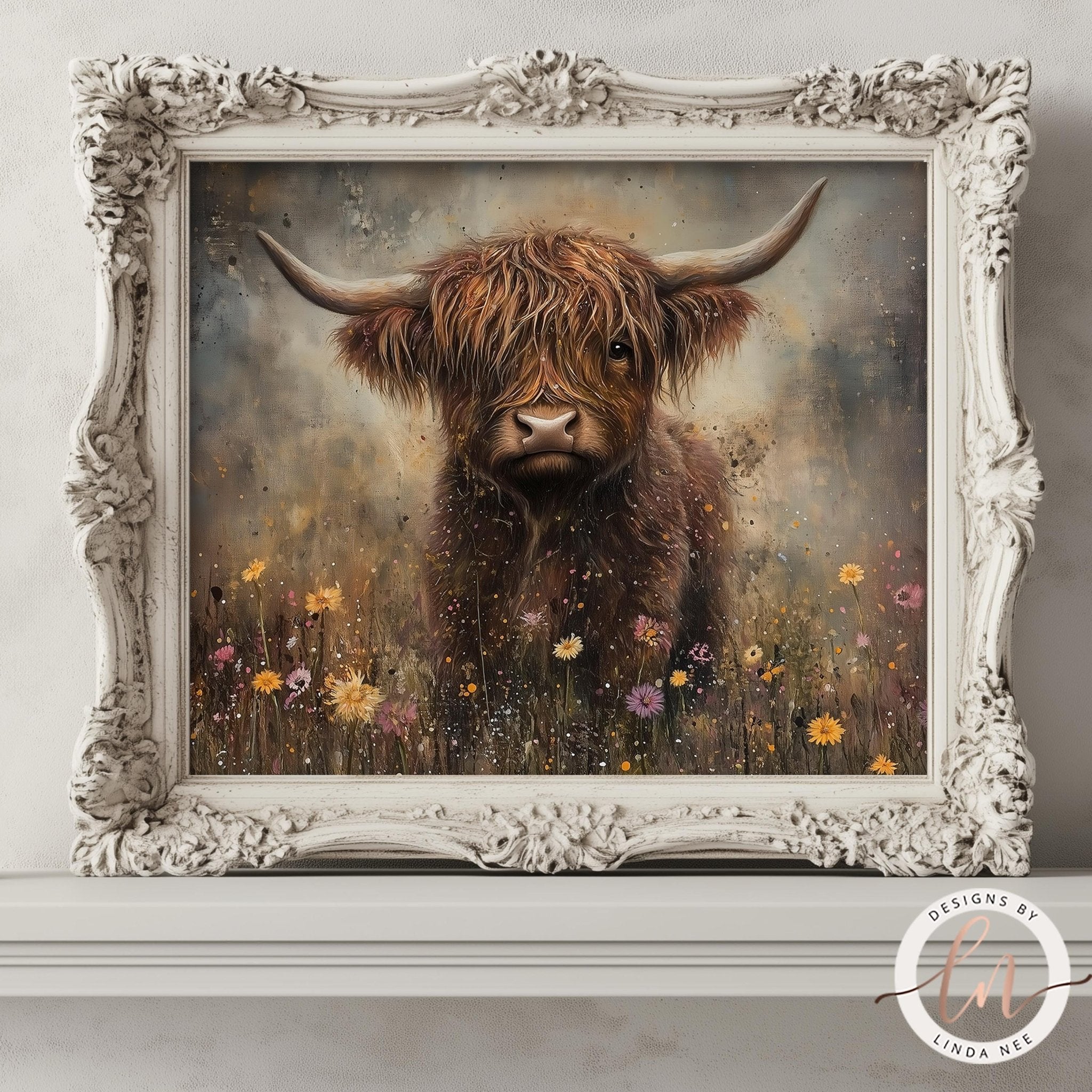 The image is a framed painting depicting a Highland cow standing in a field of wildflowers.
