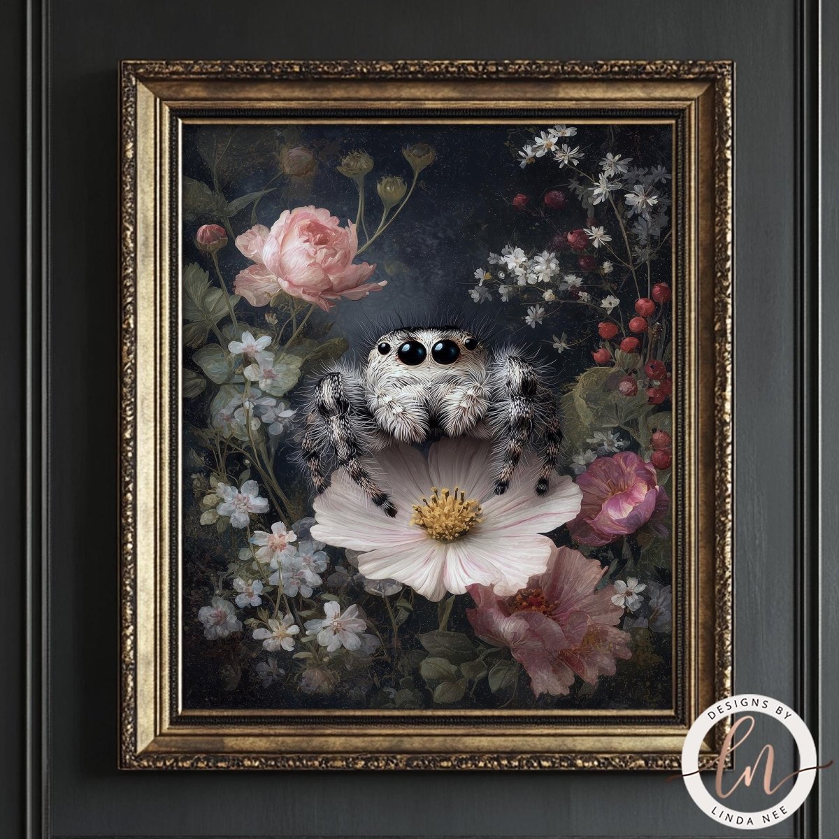 A framed painting depicting a spider sitting on a flower, surrounded by various flowers and foliage.