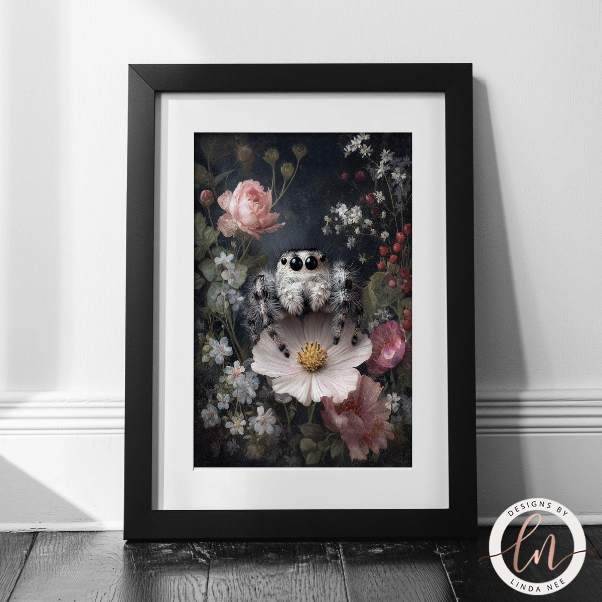 A framed artwork depicting a spider sitting on a flower, surrounded by a variety of colorful flowers and plants.