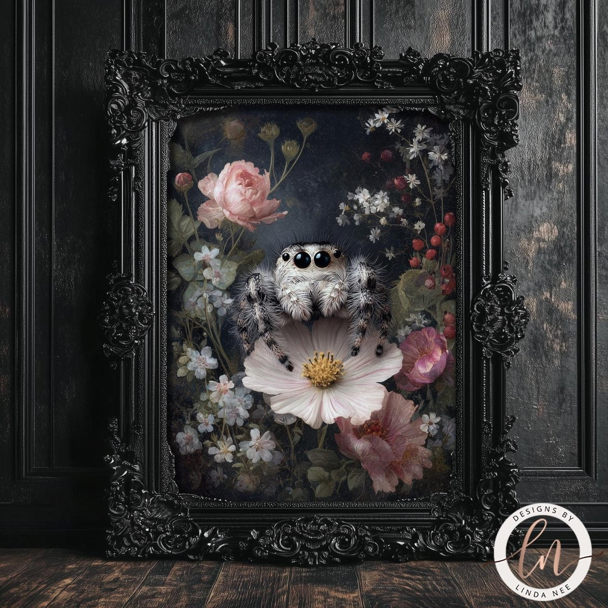 A black ornate frame displays a painting of a spider sitting on a flower, surrounded by various flowers and foliage.