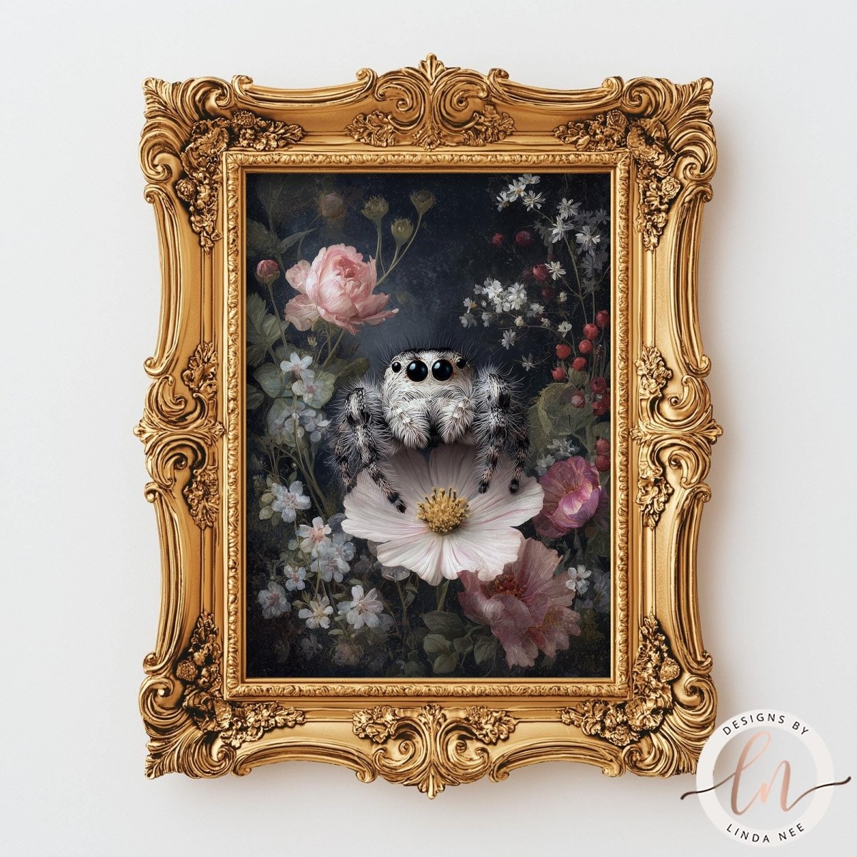a painting of a spider sitting on a flower, surrounded by a lush floral background.