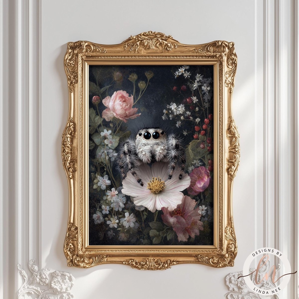 a painting of a spider sitting on a flower, surrounded by a variety of colorful flowers and plants.